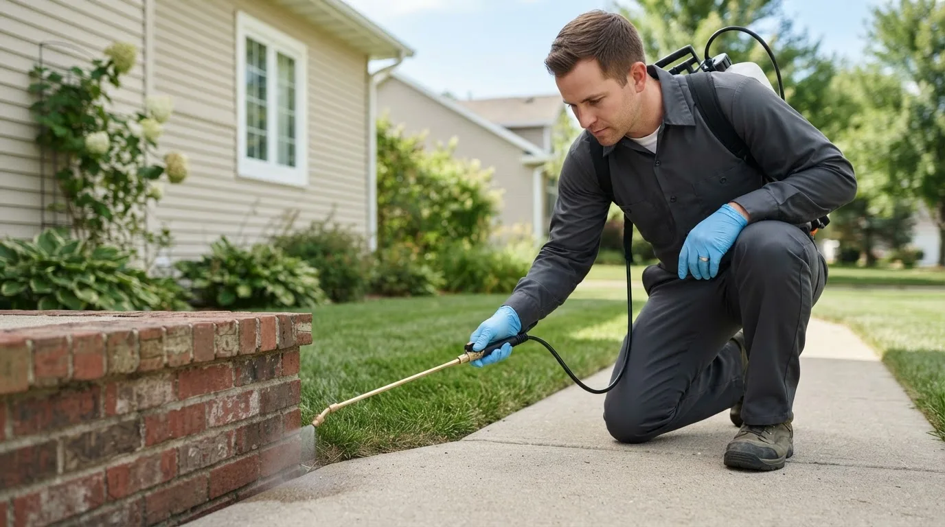 Pest control technician treating a home near Old Greenwich, CT
