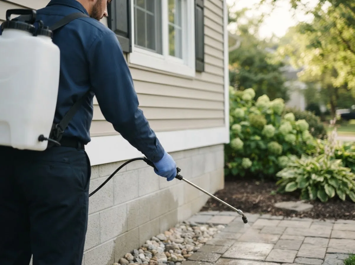 Pest control technician inspecting a home in Old Greenwich, CT